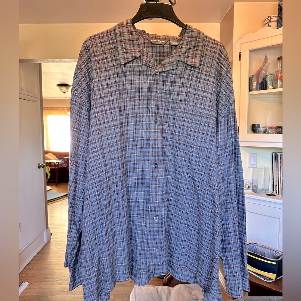Eddie Bauer Men’s 100% Cotton Flannel SZ XXL Grey/ Red/ Blk / White Plaid
